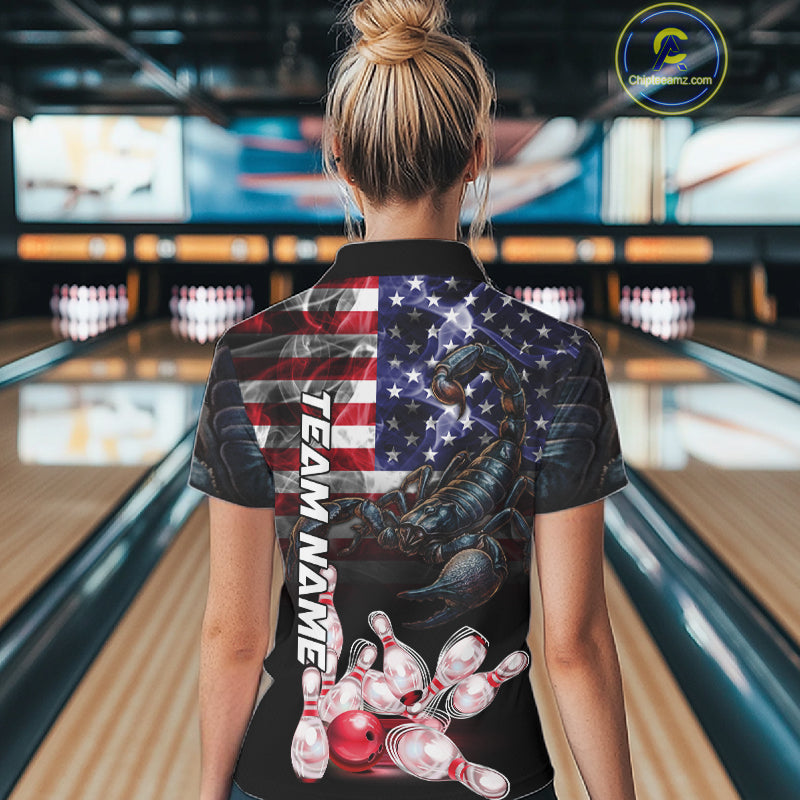 Woman Wearing Smoke American Flag Scorpion Bowling Polo Shirt Back View Patriotic Bowling Team Jersey