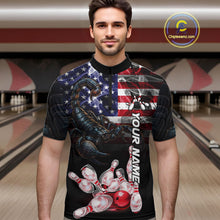 Load image into Gallery viewer, Man Wearing Smoke American Flag Scorpion Bowling Quarter Zip Shirt Front View Custom Bowling Jersey