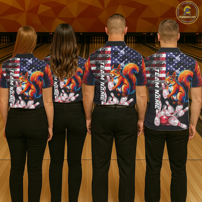 Bowling Team Wearing Smoke American Flag Squirrel Bowling Polo Shirts Back View