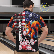 Load image into Gallery viewer, Man Wearing Smoke American Flag Squirrel Bowling Quarter Zip Shirt Back View Patriotic Bowling Team Jersey