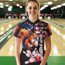 Load image into Gallery viewer, Woman Wearing Smoke American Flag Squirrel Bowling Quarter Zip Shirt Front View Custom Bowling Jersey