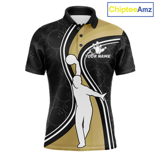 Black And Gold Retro Bowling Custom Polo Shirt For Men Bowling League Team Jersey