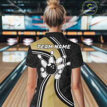 Load image into Gallery viewer, Woman Wearing Black And Gold Retro Bowling Polo Shirt Back View Bowling Team Jersey