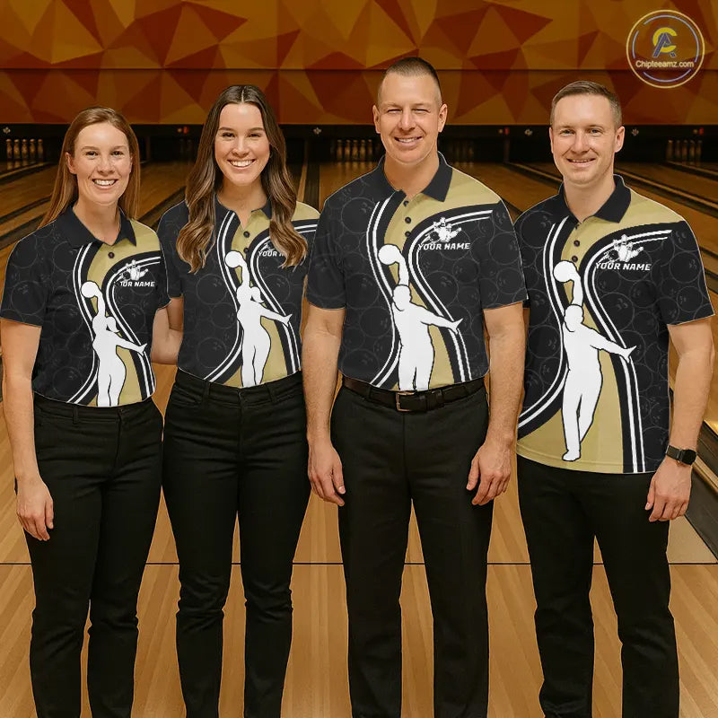 Bowling Team Wearing Black And Gold Retro Bowling Polo Shirts Front View