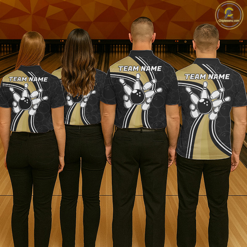 Bowling Team Wearing Black And Gold Retro Bowling Polo Shirts Back View