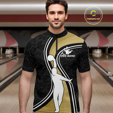 Load image into Gallery viewer, Man Wearing Black And Gold Retro Bowling Quarter Zip Shirt Front View Custom Bowling Jersey