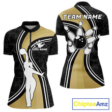 Load image into Gallery viewer, Black And Gold Retro Bowling Quarter Zip Shirt For Women Custom Bowling Team Jersey