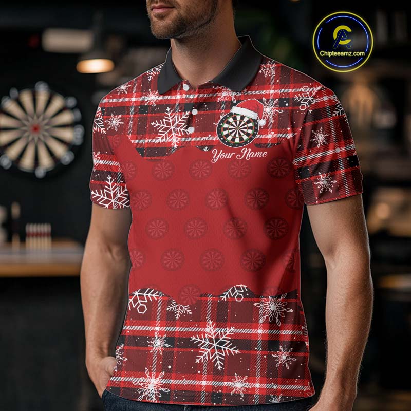 Funny Santa Dartboard Mens Darts Shirt Custom Red Plaid Snowflake Christmas Darts Jerseys Gifts TDM5182
