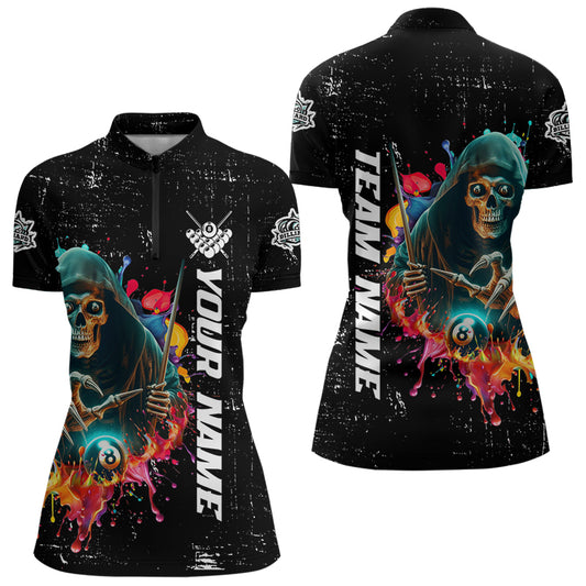 Billiard Grim Reaper Colorful Grunge Style Custom Women Billiard Shirts, Billiard Jersey | Black TDM3201