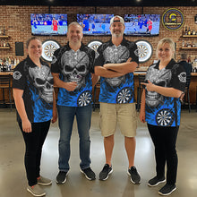 Load image into Gallery viewer, Black And Blue Flaming Skull Darts Shirt For Men Custom Darts League Jersey Team Polo &amp; 1/4 Zip TDM5436