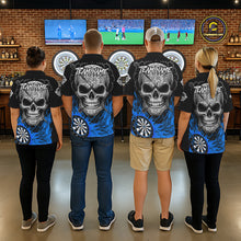 Load image into Gallery viewer, Black And Blue Flaming Skull Darts Shirt For Men Custom Darts League Jersey Team Polo &amp; 1/4 Zip TDM5436