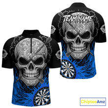 Load image into Gallery viewer, Black And Blue Flaming Skull Darts Shirt For Men Custom Darts League Jersey Team Polo &amp; 1/4 Zip TDM5436