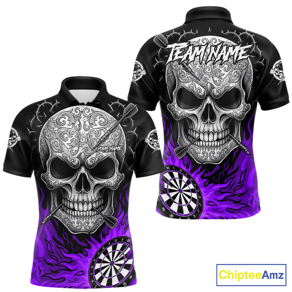 Black And Purple Flaming Skull Darts Shirt For Men Custom Darts League Jersey Team Polo & 1/4 Zip TDM5437