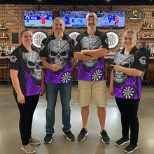 Load image into Gallery viewer, Black And Purple Flaming Skull Darts Shirt For Men Custom Darts League Jersey Team Polo &amp; 1/4 Zip TDM5437