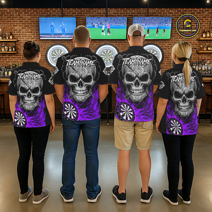 Black And Purple Flaming Skull Darts Shirt For Men Custom Darts League Jersey Team Polo & 1/4 Zip TDM5437