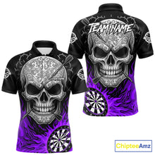 Load image into Gallery viewer, Black And Purple Flaming Skull Darts Shirt For Men Custom Darts League Jersey Team Polo &amp; 1/4 Zip TDM5437