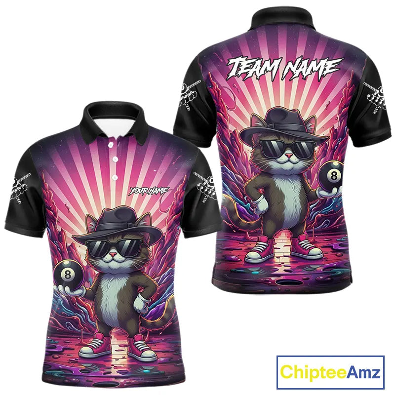 Funny Cat 8 Ball Billiard Shirt For Men Custom Neon Graffiti Billiard Jersey Team Polo & 1/4 Zip TDM5444