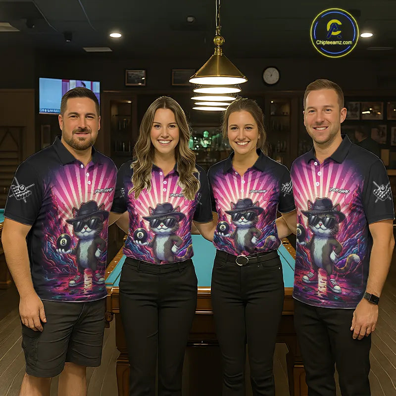 Funny Cat 8 Ball Billiard Shirt For Men Custom Neon Graffiti Billiard Jersey Team Polo & 1/4 Zip TDM5444