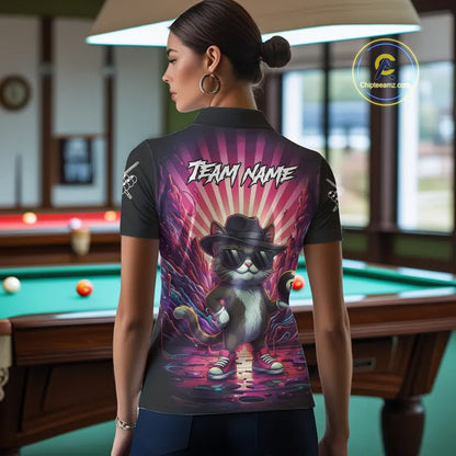 Funny Cat 8 Ball Billiard Shirt For Women Custom Neon Graffiti Billiard Jersey Team Polo & 1/4 Zip TDM5444
