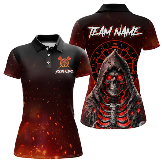 Red And Black Glowing Fire Grim Reaper Dart Shirts For Women Custom Dart Jerseys Polo & 1/4 Zip TDM3712