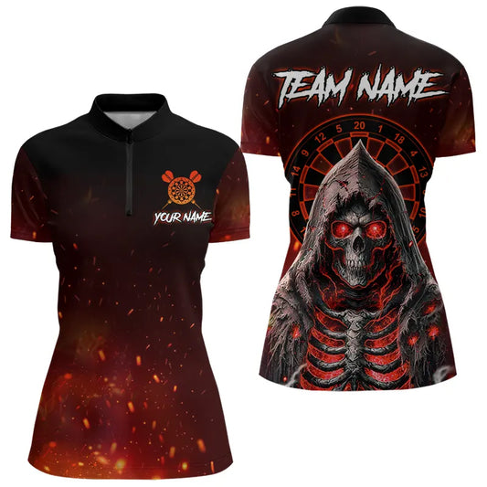 Red And Black Glowing Fire Grim Reaper Dart Shirts For Women Custom Dart Jerseys Polo & 1/4 Zip TDM3712