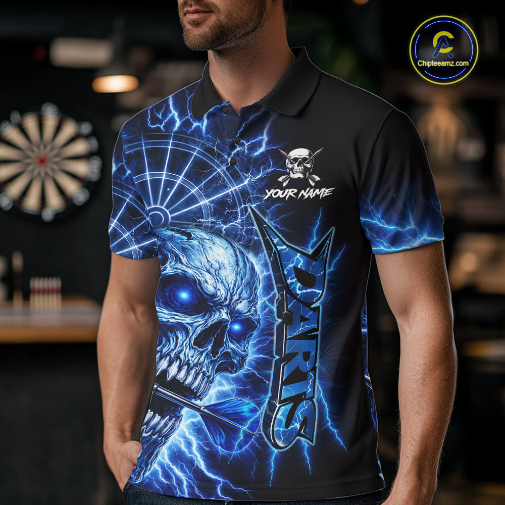 Blue Darts Skull Polo & Quarter Zip Shirt For Men Custom Thunder Lighting Darts Team Jersey TDM6061