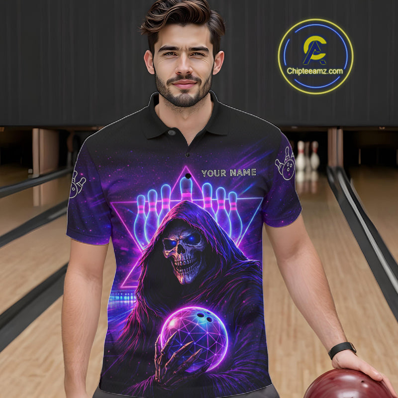 Custom Neon Grim Reaper Bowling Polo & 1/4 Zip Shirts For Men, Bowling Team Jersey Uniform TDM6317