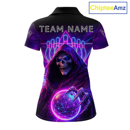 Custom Neon Grim Reaper Bowling Polo & 1/4 Zip Shirts For Women, Bowling Team Jersey Uniform TDM6317