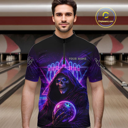 Custom Neon Grim Reaper Bowling Polo & 1/4 Zip Shirts For Men, Bowling Team Jersey Uniform TDM6317