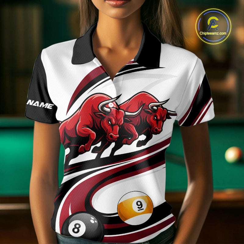 Custom Red 8 Ball & 9 Ball Pool Bull Billiard Shirt For Women, Billiard Team Jersey Polo & 1/4 Zip TDM6493