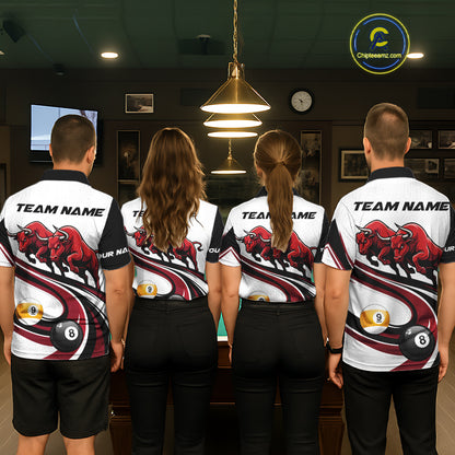 Custom Red 8 Ball & 9 Ball Pool Bull Billiard Shirt For Men, Billiard Team Jersey Polo & 1/4 Zip TDM6493