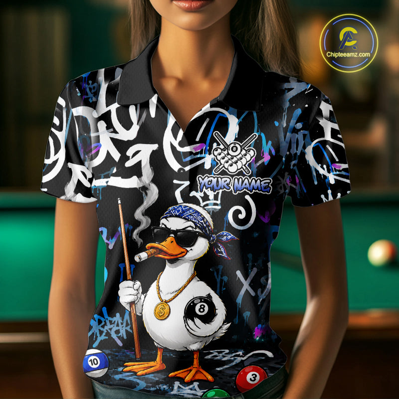 Colorful Graffiti Funny Duck 8 Ball Billiard Shirt For Women Custom Pool Team Jersey Polo & 1/4 Zip TDM6497