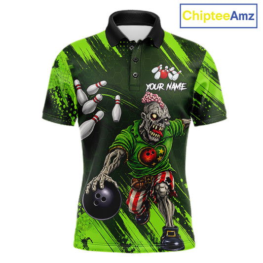 Custom Green Funny Zombie Bowling Shirt For Men, Bowling Team League Jersey Polo & Quarter Zip TDM6498