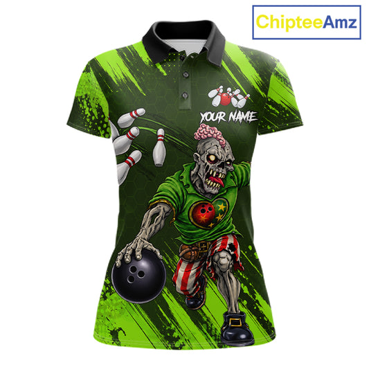 Custom Green Funny Zombie Bowling Shirt For Women, Bowling Team League Jersey Polo & Quarter Zip TDM6498