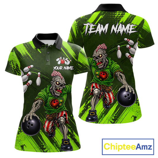 Custom Green Funny Zombie Bowling Shirt For Women, Bowling Team League Jersey Polo & Quarter Zip TDM6498