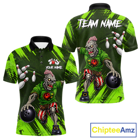 Custom Green Funny Zombie Bowling Shirt For Men, Bowling Team League Jersey Polo & Quarter Zip TDM6498