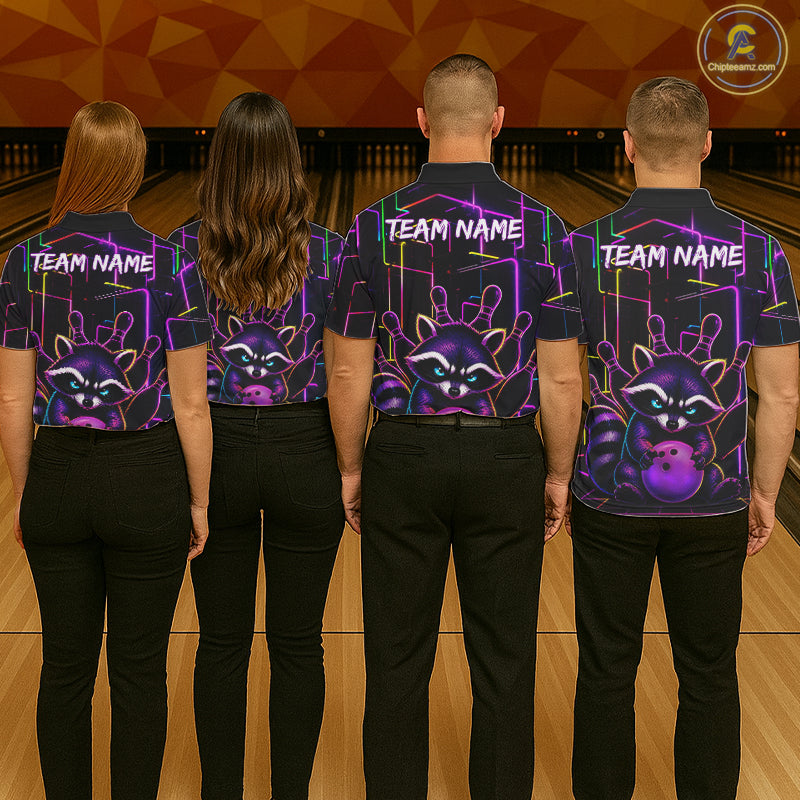 Back view of bowling team wearing matching purple neon raccoon bowling shirts in a bowling alley.