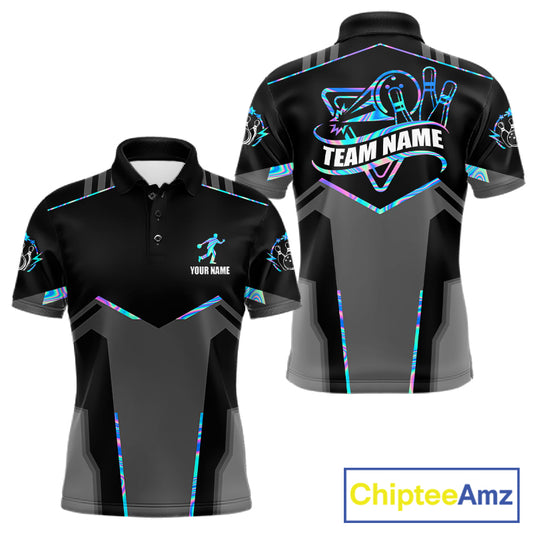 Holographic bowling polo shirt for men with custom bowling team graphics.