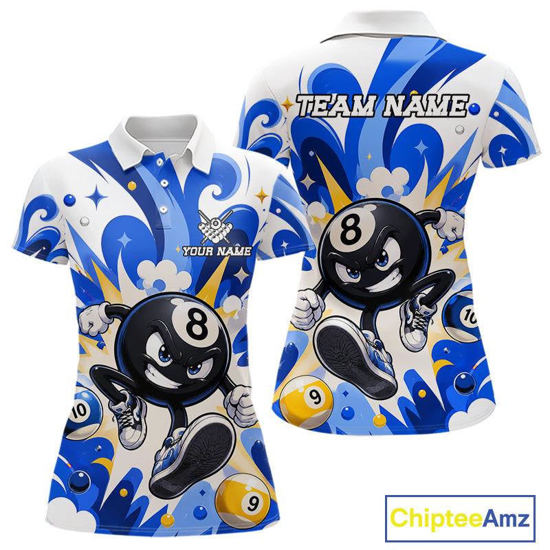 Red funny 8 ball pool graffiti billiard team jersey polo shirt for women featuring colorful graffiti artwork, premium custom pool league apparel for tournaments, league matches and competitive billiard players.