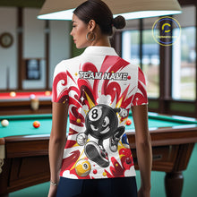 Load image into Gallery viewer, Woman wearing red funny 8 ball pool graffiti billiard team jersey polo shirt featuring colorful graffiti artwork, back view.