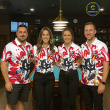 Load image into Gallery viewer, Billiard team wearing matching red funny 8 ball pool graffiti team jerseys featuring vibrant street art graphics, front view.