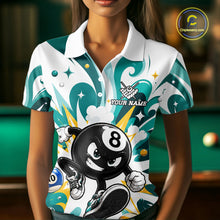Load image into Gallery viewer, Woman wearing teal funny 8 ball pool graffiti billiard team jersey polo shirt featuring colorful graffiti artwork, front view.