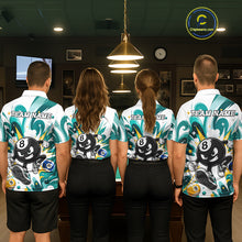 Load image into Gallery viewer, Billiard team wearing matching teal funny 8 ball pool graffiti team jerseys featuring vibrant street art graphics, back view.