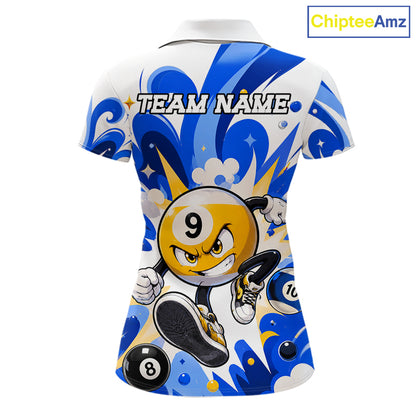 Blue funny graffiti 8 ball and 9 ball pool billiard team jersey polo shirt for women featuring colorful street art graphics, premium custom pool league apparel for tournaments and competitive billiard teams.