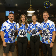 Load image into Gallery viewer, Billiard team wearing matching funny silver 9 ball pool team jerseys featuring playful billiard graphics, front view.