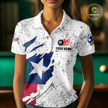 Load image into Gallery viewer, Woman wearing black grunge Texas flag 8 ball pool billiard team jersey polo shirt featuring distressed patriotic Texas flag artwork, front view.