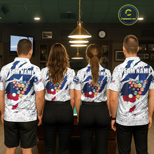 Load image into Gallery viewer, Billiard team wearing matching black grunge Texas flag 8 ball pool team jerseys featuring patriotic distressed artwork, back view.