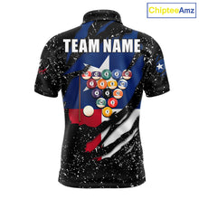 Load image into Gallery viewer, White grunge Texas flag 8 ball pool billiard team jersey polo shirt for men featuring distressed Texas flag artwork with bold patriotic styling, premium custom pool league apparel for tournaments, league play and competitive billiard teams.