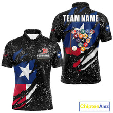 Load image into Gallery viewer, White grunge Texas flag 8 ball pool billiard team jersey polo shirt for men featuring distressed Texas flag artwork with bold patriotic styling, premium custom pool league apparel for tournaments, league play and competitive billiard teams.