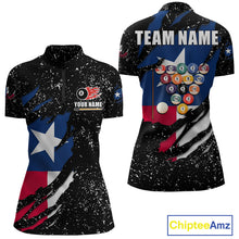 Load image into Gallery viewer, White grunge Texas flag 8 ball pool billiard team jersey quarter zip shirt for women featuring distressed patriotic Texas flag graphics, premium custom billiard league apparel for serious pool players.